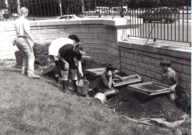 Screening for artifacts at the 1996 Warden's Residence excavations.